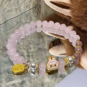 Handmade Beaded Labubu Pink Bracelet with Gold Accents-cute Gift for girls &fans